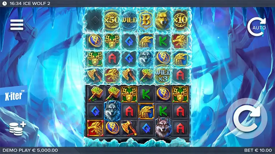Base game screen of Ice Wolf 2 slot showing a 6x6 ice-covered grid with Norse-themed symbols and progressive reveal above.