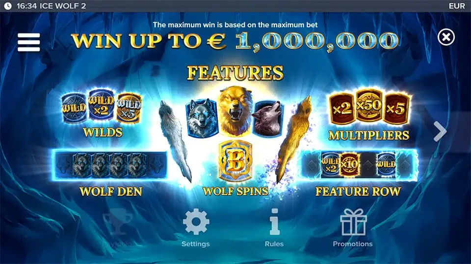 Intro screen of Ice Wolf 2 slot highlighting Wilds, Wolf Spins, Feature Row, and multipliers up to x50, with a max win display.