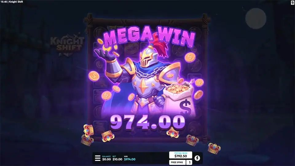 Mega Win animation in Knight Shift slot with armored knight holding a coin sack and golden coins flying across the screen.