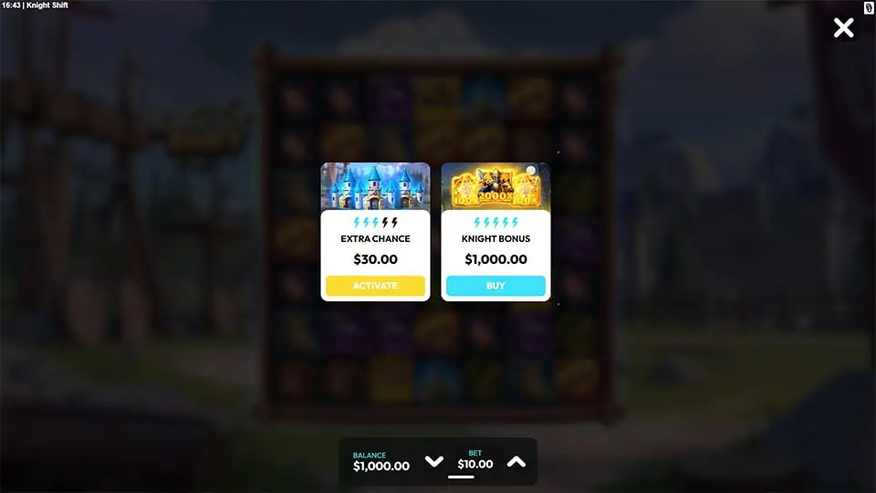 Knight Shift bonus buy screen offering Extra Chance and Knight Bonus options, each with different volatility levels.