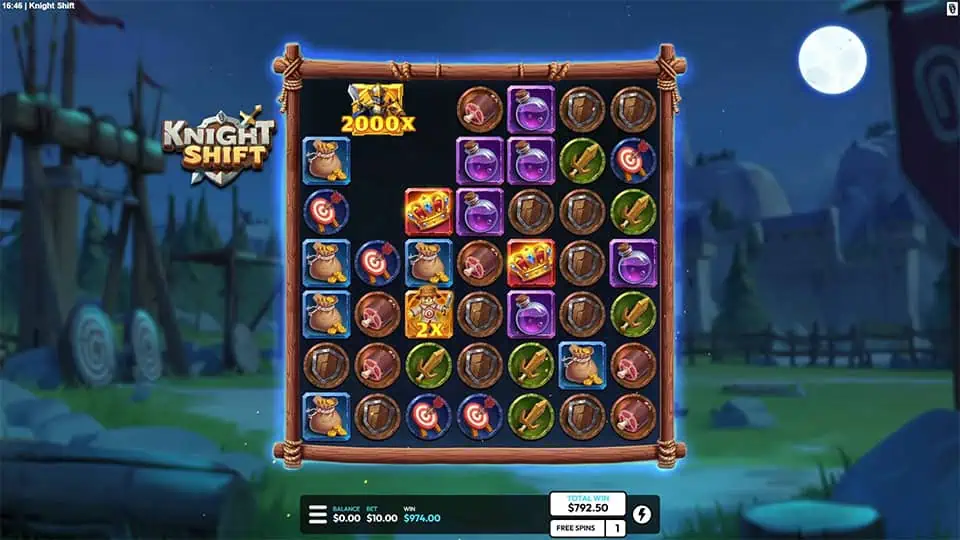Knight Shift free spins screen with chest symbols, 2x multiplier, and a 2000x golden tile at the top of the grid.