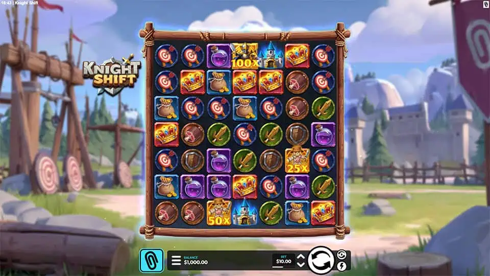 Base game of Knight Shift showing colorful reels with coins, targets, chests, and potion symbols in a training yard setting.