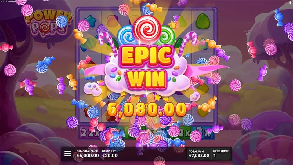 Epic Win screen in Power Pops slot with a candy explosion and bright lollipop-themed text celebrating a big win.