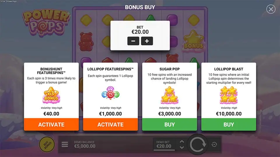 Bonus buy menu in Power Pops slot offering four high-volatility modes including Lollipop Featurespins and Lollipop Blast.
