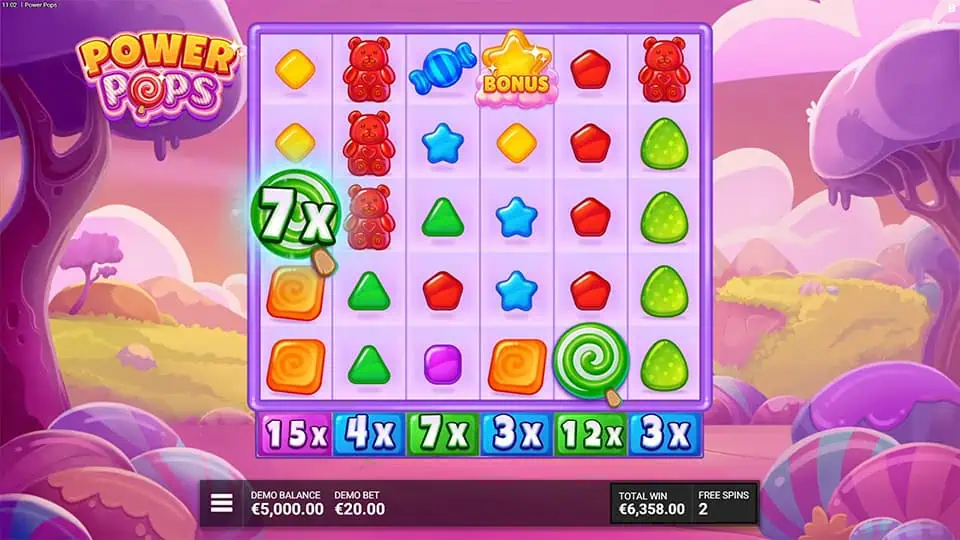 Reel multiplier feature in Power Pops slot with active multipliers at the bottom and a glowing 7x symbol on the grid.