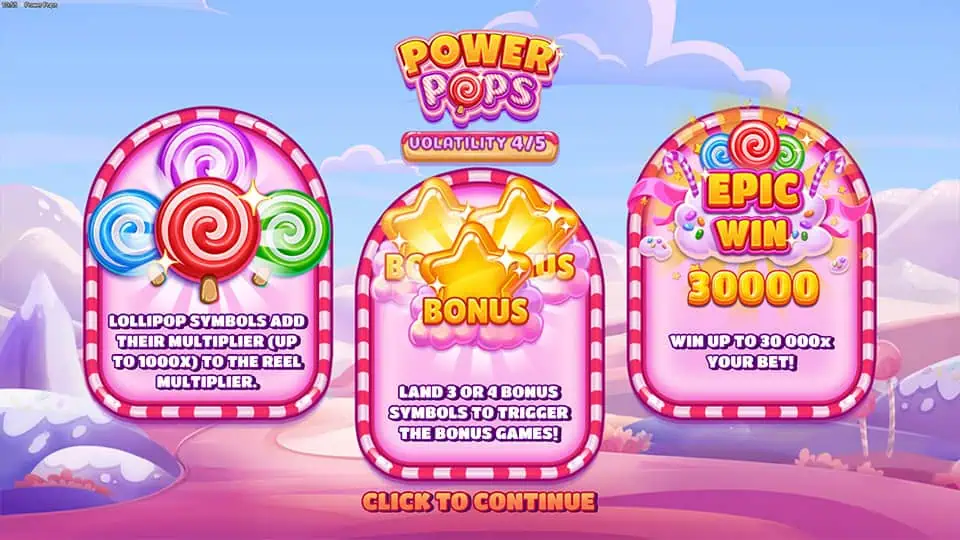 Intro screen for Power Pops slot showcasing lollipop multipliers, bonus trigger rules, and a max win of 30,000x.