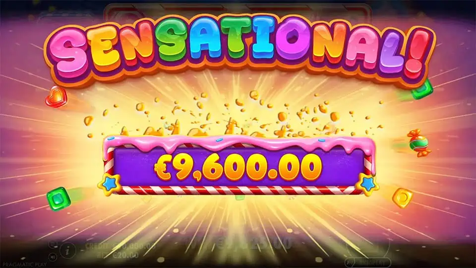 Sensational Win animation in Sweet Craze slot with rainbow-colored letters and candy effects bursting across the screen.