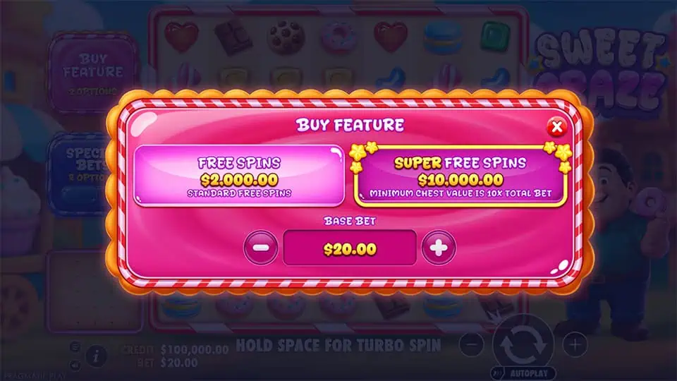 Buy feature menu in Sweet Craze slot showing Free Spins and Super Free Spins options with adjustable base bet.
