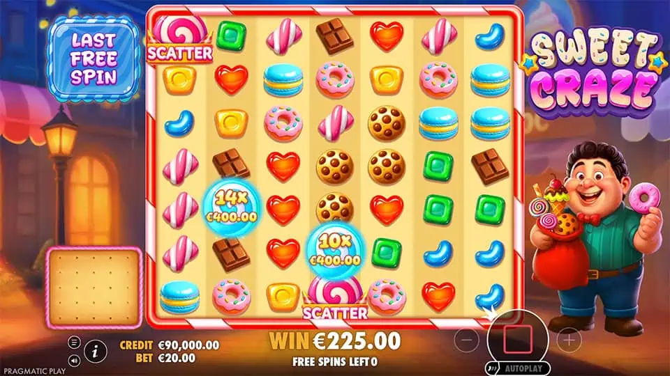 Sweet Craze slot free spin round with multiplier money symbols like 10x and 14x active on a scatter-filled reel grid.