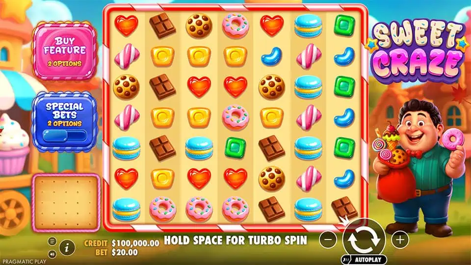 Base gameplay screen of Sweet Craze slot featuring sugary symbols like donuts, chocolates, and hearts on a vibrant candyland grid.