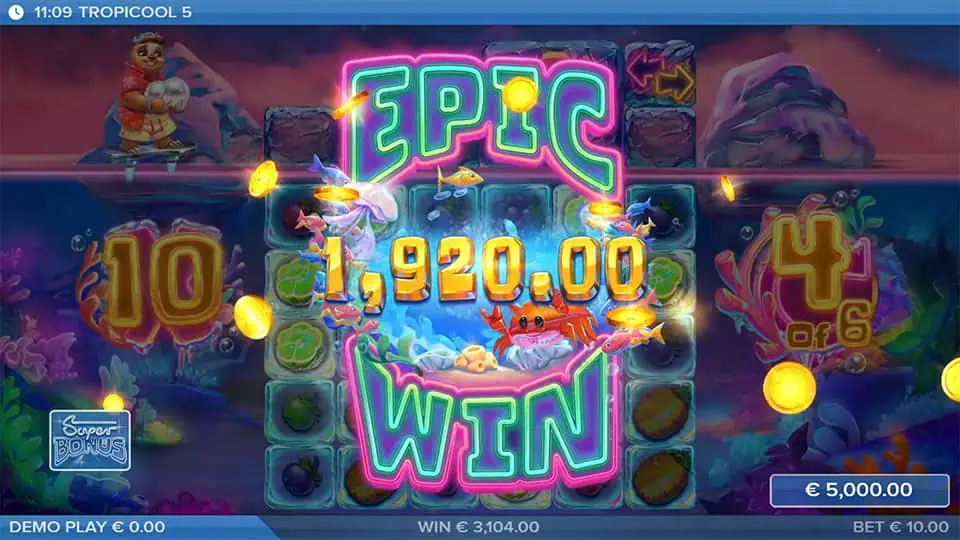 Epic Win screen in Tropicool 5 slot with neon-styled text and animated sea creatures celebrating a big underwater win.