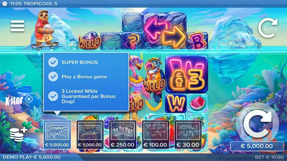 X-iter feature buy menu in Tropicool 5 offering Super Bonus, Bonus Game, Mega Hunt, and other play modes with special modifiers.