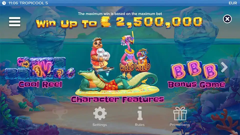 Tropicool 5 intro panel highlighting features such as Cool Reel, Bonus Game, and quirky character modifiers.