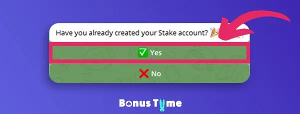 Telegram interface where users confirm by clicking “Yes” to continue the Stake bonus procedure.