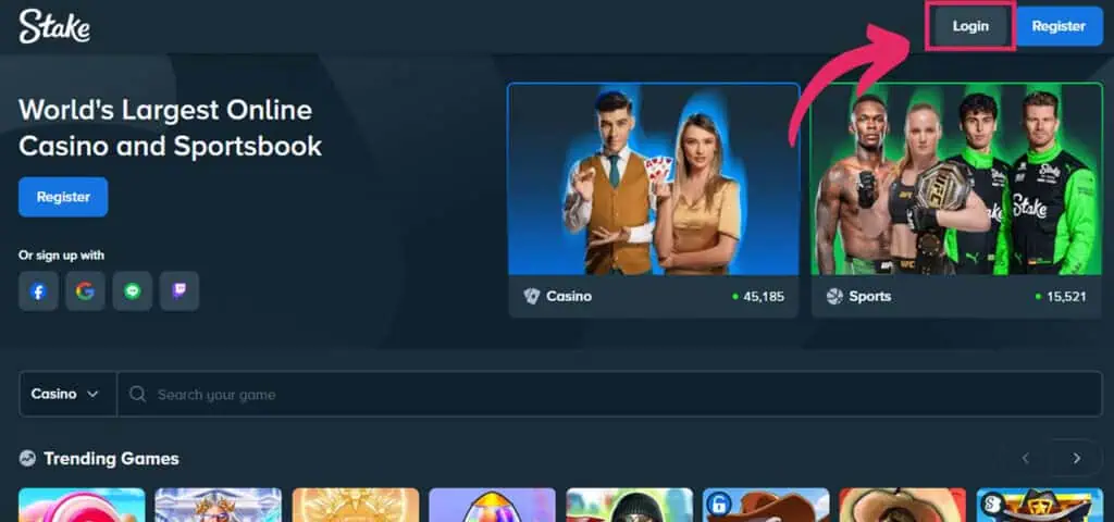 Stake login page showing where to sign in or create an account before making a crypto deposit