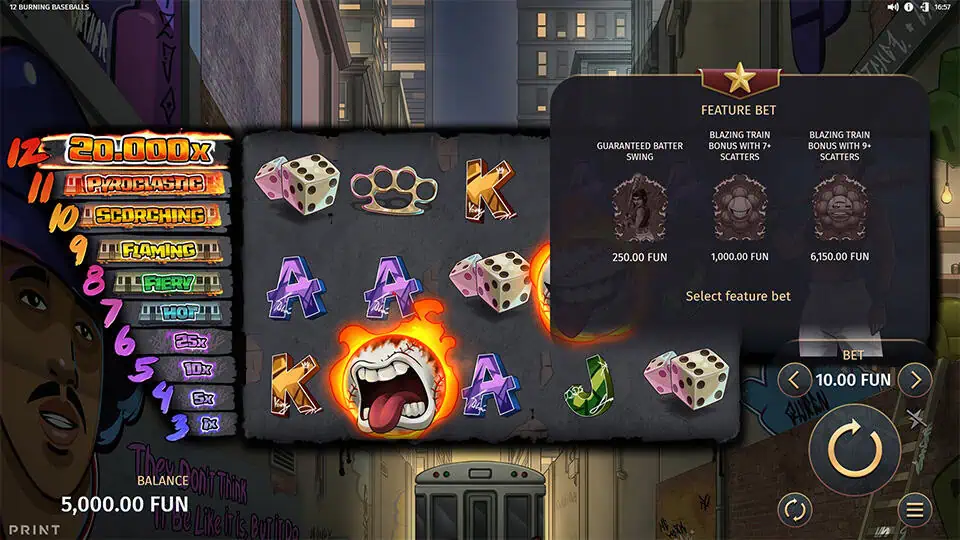 Feature bet menu in 12 Burning Baseballs showing three selectable options including Guaranteed Swing and Blazing Train bonus modes.