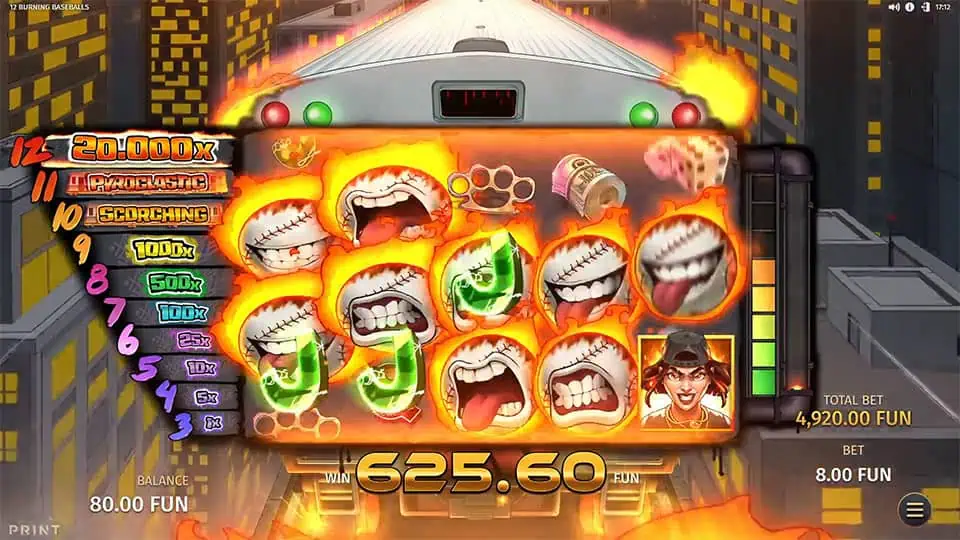 Bonus round in 12 Burning Baseballs with flaming reels filled with fiery baseball symbols and a blazing train backdrop.