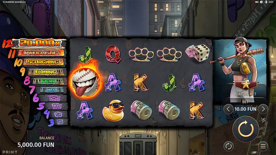 Base game of 12 Burning Baseballs slot showing urban-themed symbols like brass knuckles, dice, and flaming baseballs on dark reels.