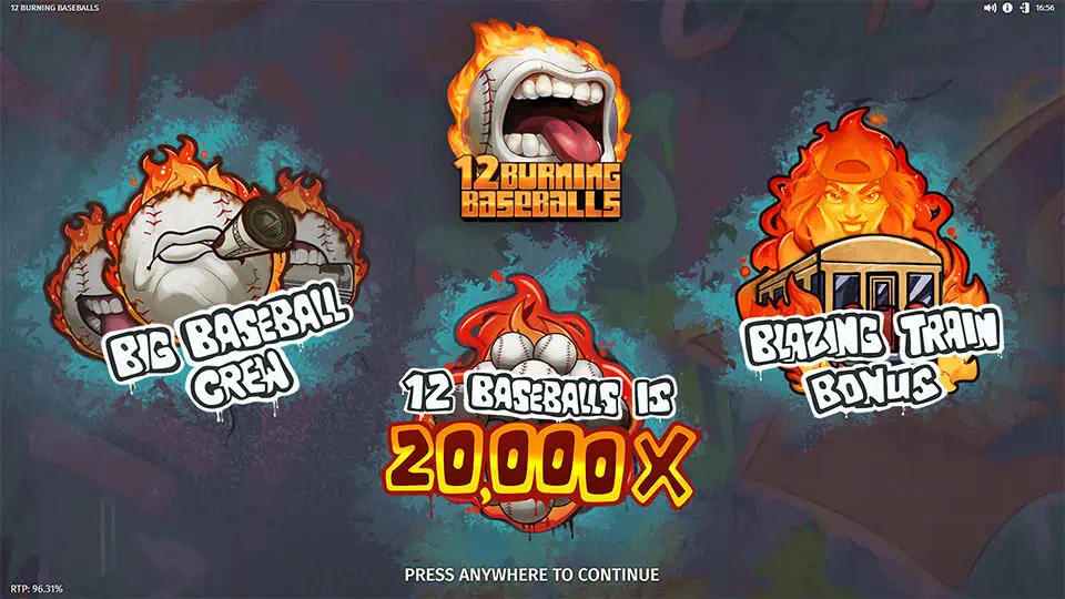 Intro panel for 12 Burning Baseballs slot featuring Big Baseball Crew, Blazing Train Bonus, and a max win of 20,000x.