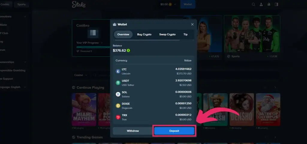 Stake deposit screen listing supported cryptocurrencies