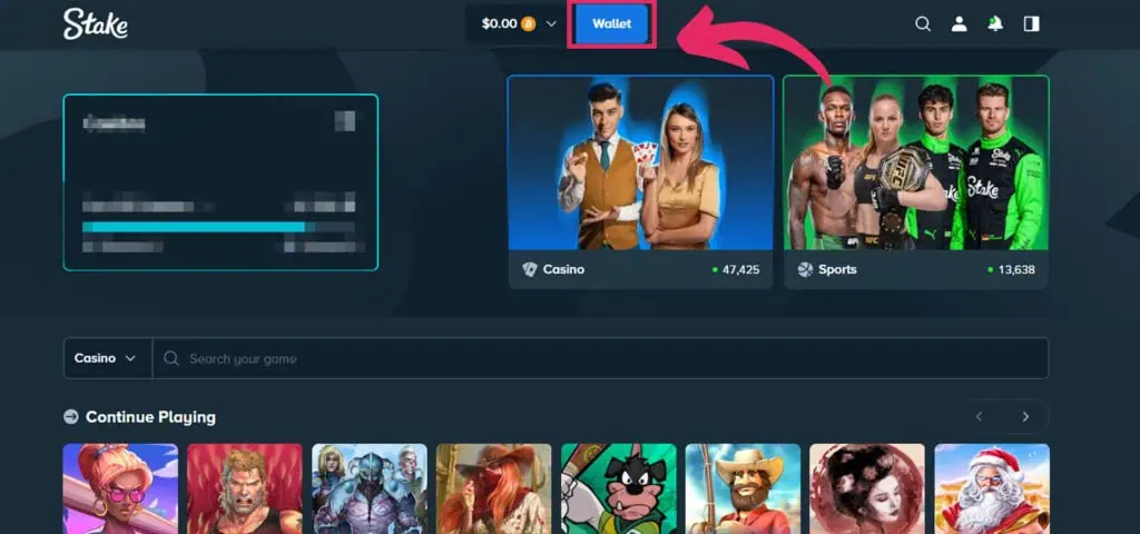 Stake wallet menu highlighting the deposit button