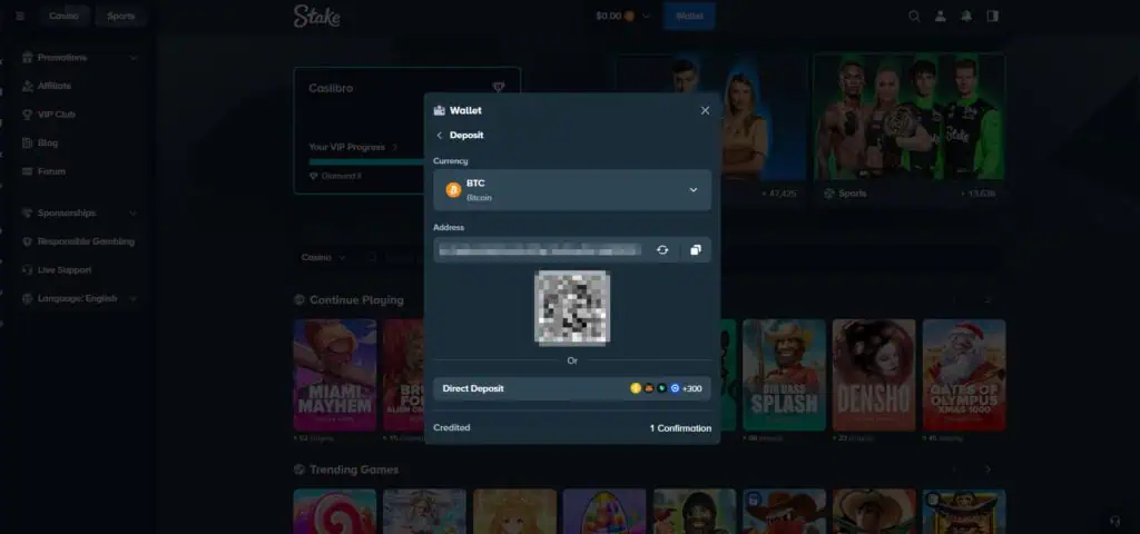 Stake deposit page displaying Bitcoin address and QR code for crypto transfer