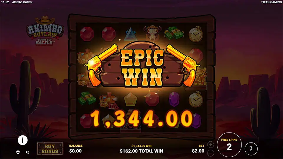 Epic Win screen in Akimbo Outlaw slot with two golden revolvers and glowing text over gem-filled reels.