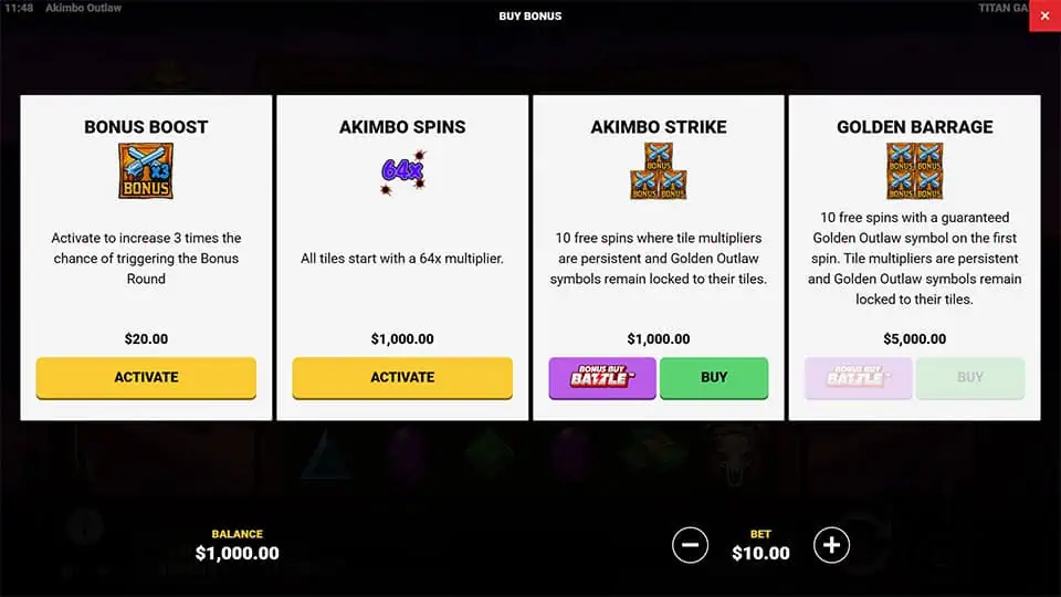 Akimbo Outlaw bonus buy menu with four options including Bonus Boost, Akimbo Spins, and Golden Barrage mode.