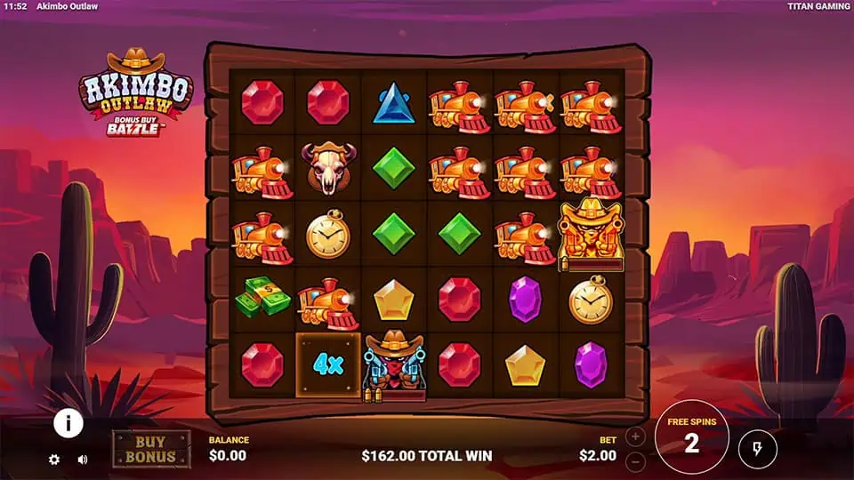 Akimbo Outlaw reels with blue Outlaw symbol doubling a 4x tile multiplier during bonus spin.