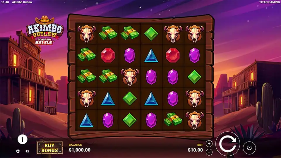 Akimbo Outlaw base game screen with 6x6 grid filled with gems, dollar stacks, and bull skull symbols.
