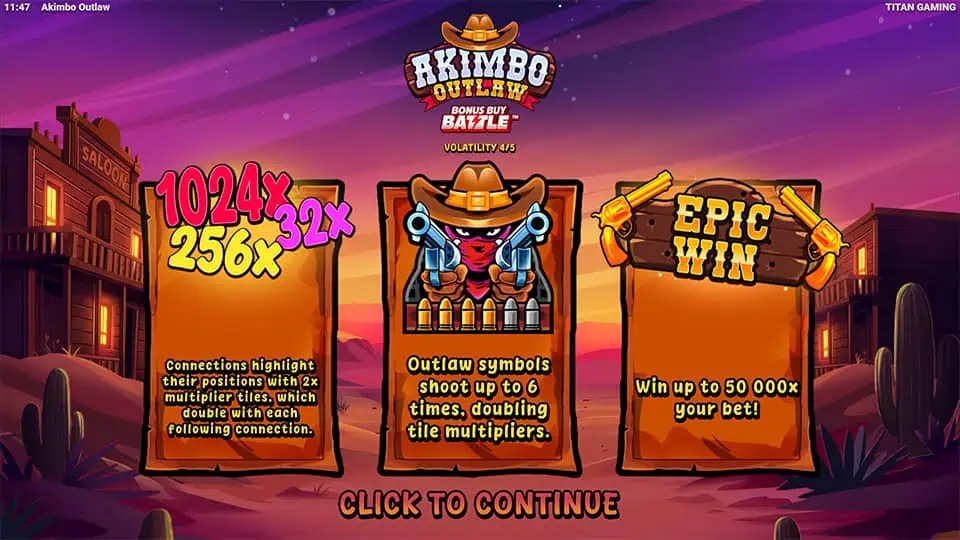 Akimbo Outlaw intro showing multiplier tiles, Outlaw symbol mechanic, and potential win up to 50,000x.