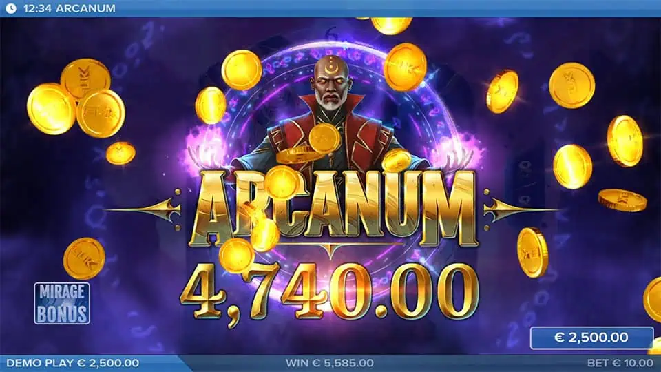 Arcanum slot win screen with golden coins flying around the wizard and large Arcanum title showing a big win.