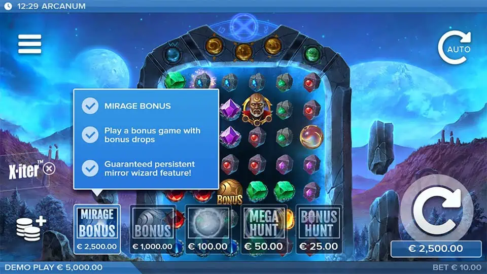 X-iter bonus buy menu in Arcanum slot showing multiple modes like Mirage Bonus, Bonus Hunt, and Mega Hunt.