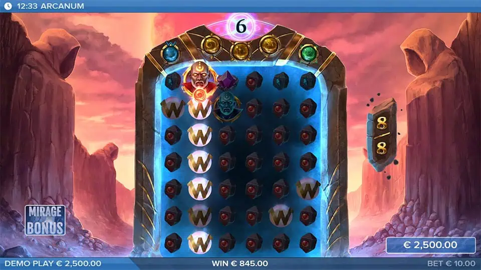 Active Mirage Bonus round in Arcanum slot with wild symbols filling columns and wizard symbols triggering effects.