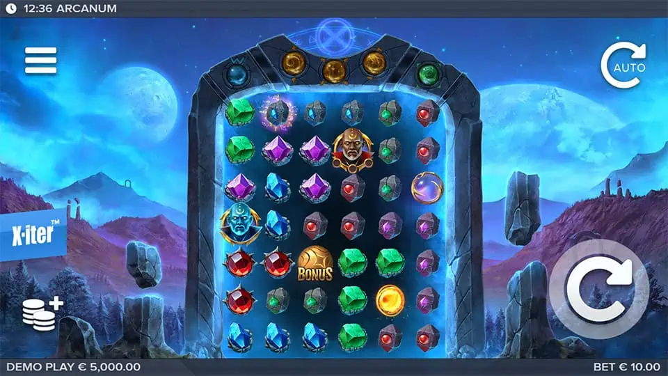 Base gameplay screen of Arcanum slot showing cascading colored gems, mystical portal frame, and bonus symbols.