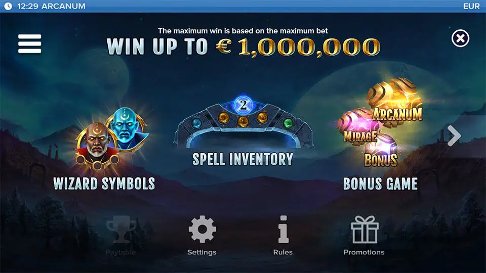 Intro screen of Arcanum slot showing wizard symbols, spell inventory, and bonus features like Mirage and Arcanum modes.