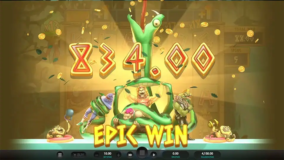 Epic win display featuring a muscular animal lifting weights surrounded by coins, flexing animations, and jungle background elements.
