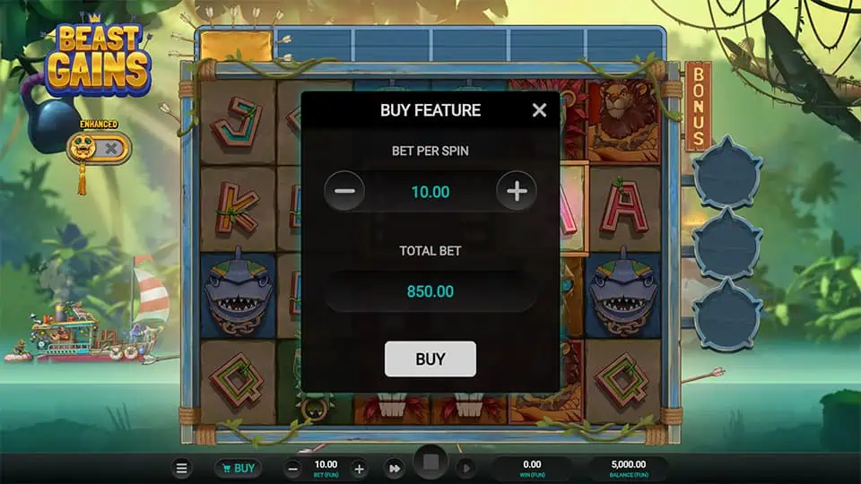 Feature buy menu overlay with adjustable bet settings, allowing instant entry into bonus rounds, placed over the main game screen.