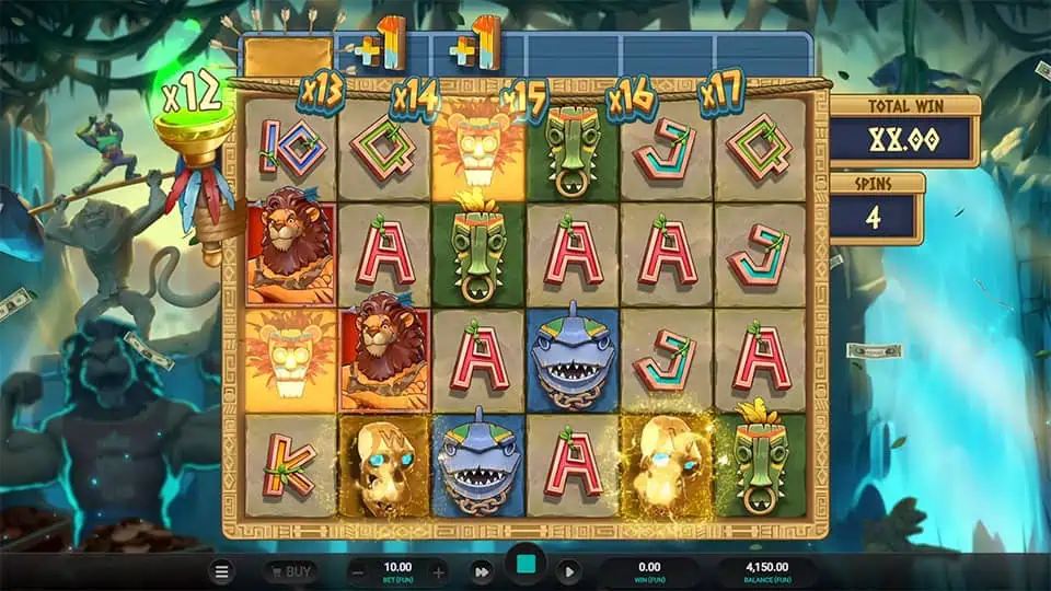 Bonus spin mode with increasing multipliers shown above the reels and golden symbols glowing on the grid, enhancing wild symbol potential.