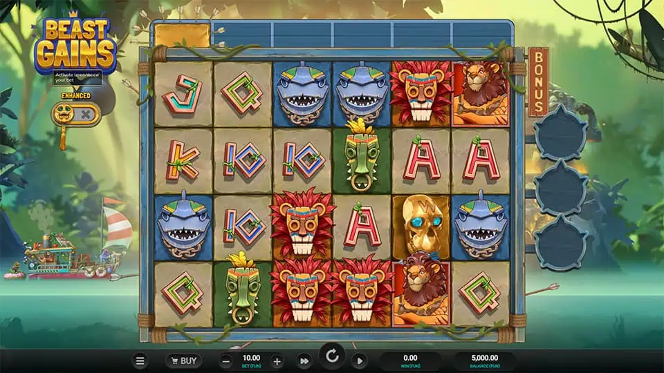 Jungle-themed slot grid with stone tiles and animated beast symbols like lions, sharks, and tribal masks, alongside a bonus tracker on the right.