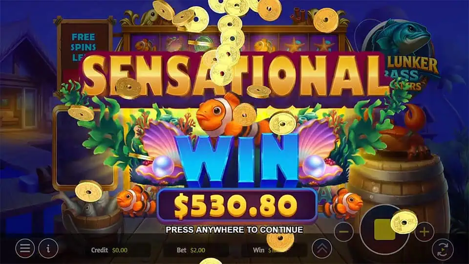 Sensational Win banner in Big Lunker Bass Clusters with golden coins and vibrant sea life animations.