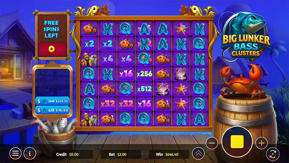 Free spins grid in Big Lunker Bass Clusters showing active multipliers from 2x to 512x across colorful tiles.
