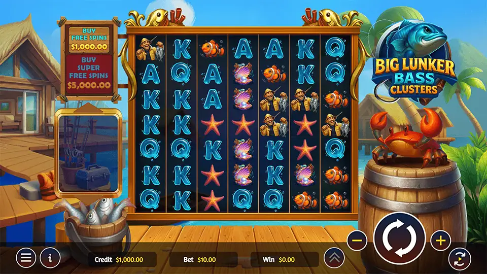 Base game screen of Big Lunker Bass Clusters with ocean-themed symbols like starfish, divers, and clownfish on tall reels.