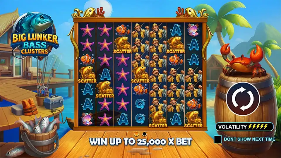 Big Lunker Bass Clusters intro showing scatter symbols, character clusters, and a win potential of up to 25,000x.