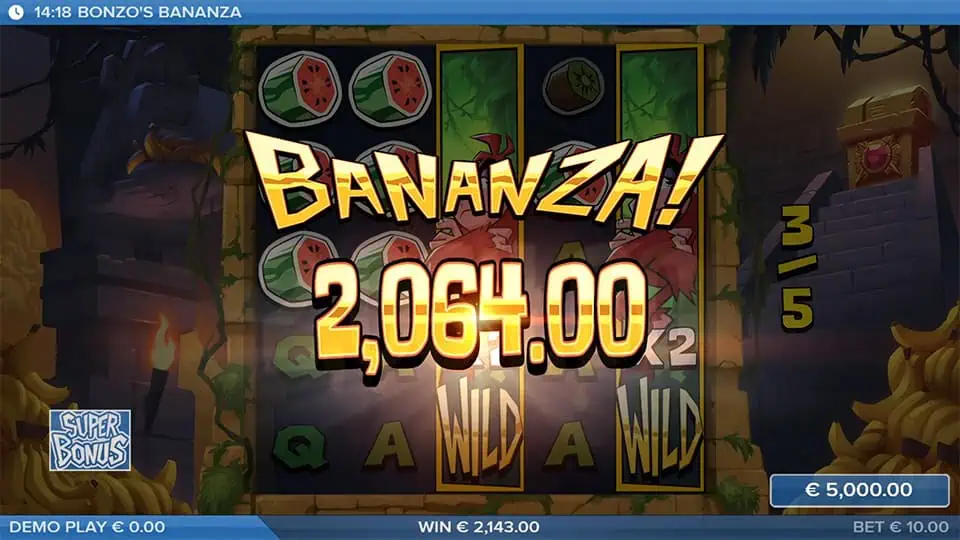 "BANANZA!" text explodes across the screen with glowing Wilds and monkey symbols landing during a bonus round.