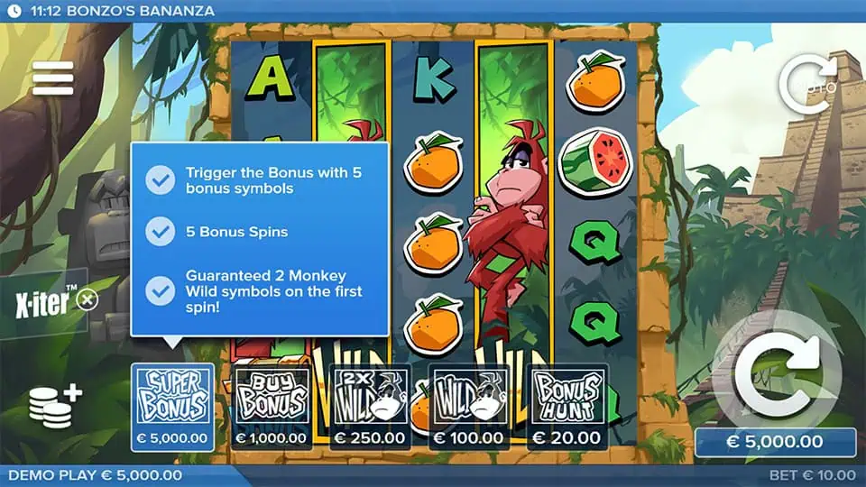 Bonus buy panel with five feature options including Super Bonus, Buy Bonus, 2x Wild, Wild Trigger, and Bonus Hunt, each with unique mechanics.
