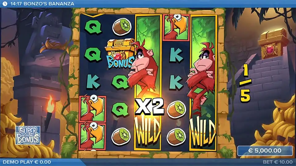 Bonus spin with monkey Wild symbols appearing stacked and enhanced by a visible x2 multiplier on the reels.