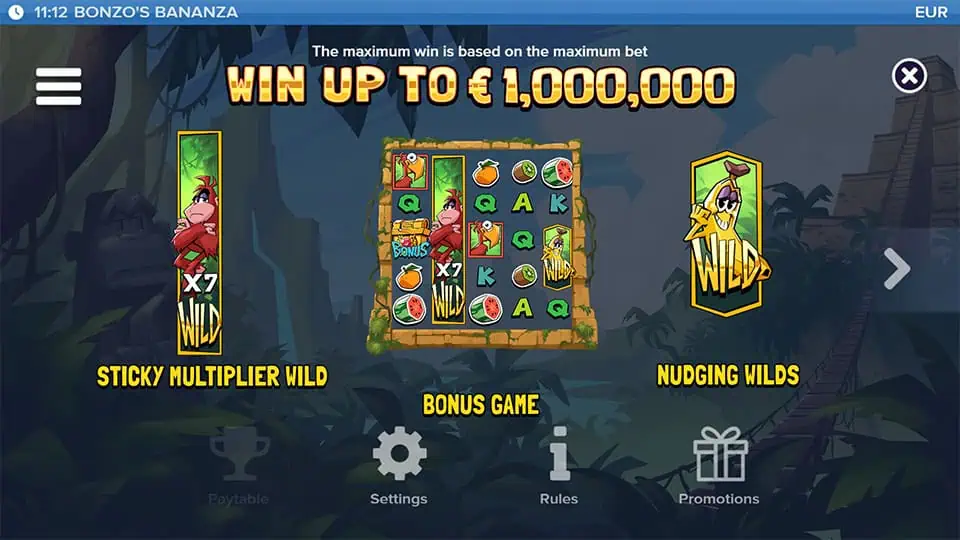 Game features preview showcasing Sticky Multiplier Wilds, Bonus Game, and Nudging Wilds, with tropical visuals and ancient ruins.