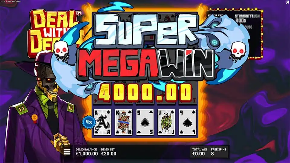 Super Mega Win animation in Deal With Death slot with fiery skull effects and winning poker hand symbols on screen.