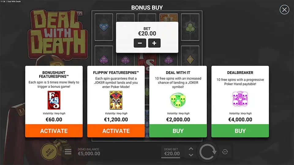 Bonus buy menu in Deal With Death slot showing four modes including Bonushunt, Flippin’ Featurespins, Deal With It, and Dealbreaker.